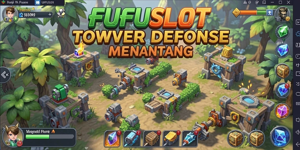 Tampilan gameplay FUFUSLOT dengan menara pertahanan yang strategis.