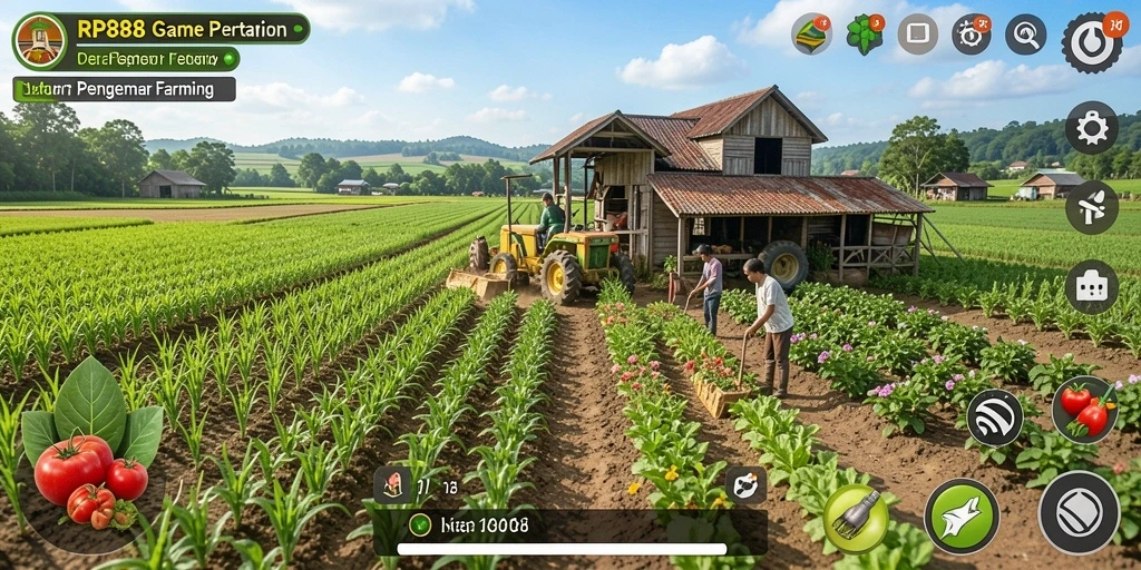 Screenshot gameplay RP888 menampilkan ladang pertanian yang subur dan aktif.