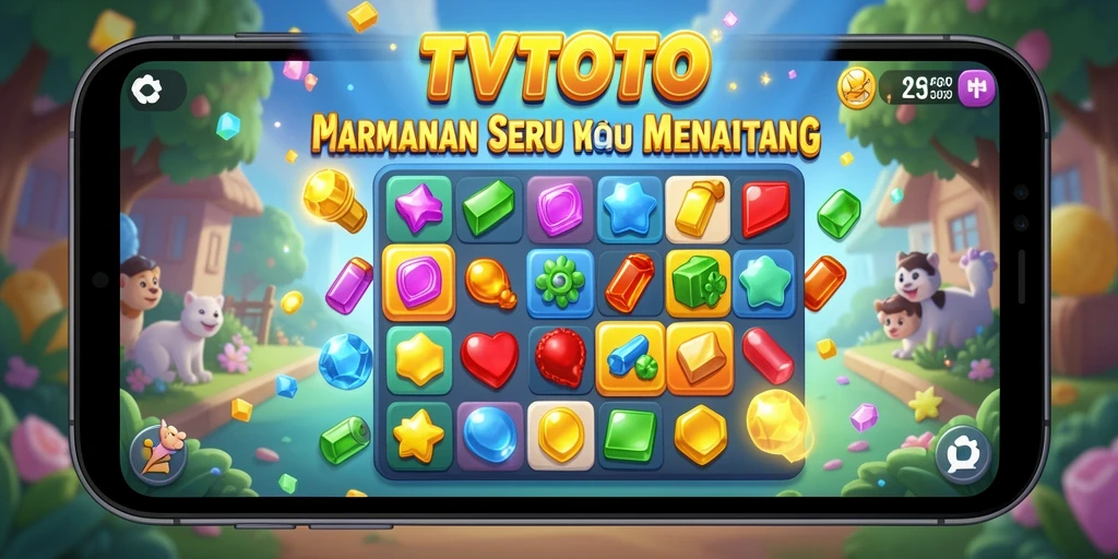 Tangkapan layar utama TVTOTO menampilkan gameplay Match-3 yang seru dan penuh warna.