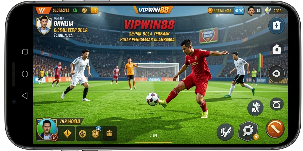 Screenshot gameplay VIPWIN88 menampilkan aksi mendebarkan dalam pertandingan sepak bola.